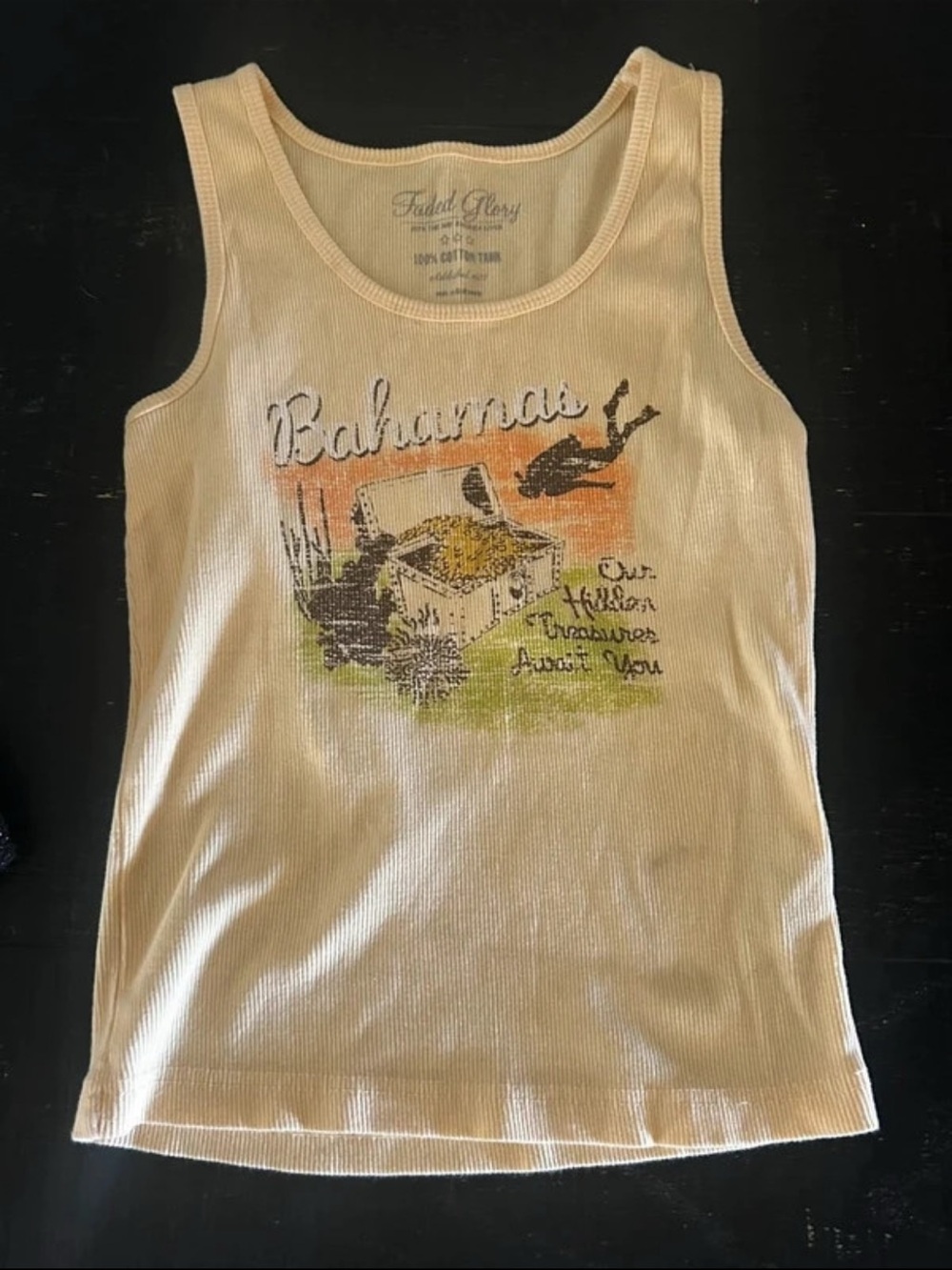 Vintage Faded Glory Cream Bahamas Graphic Ribbed Tank Top
